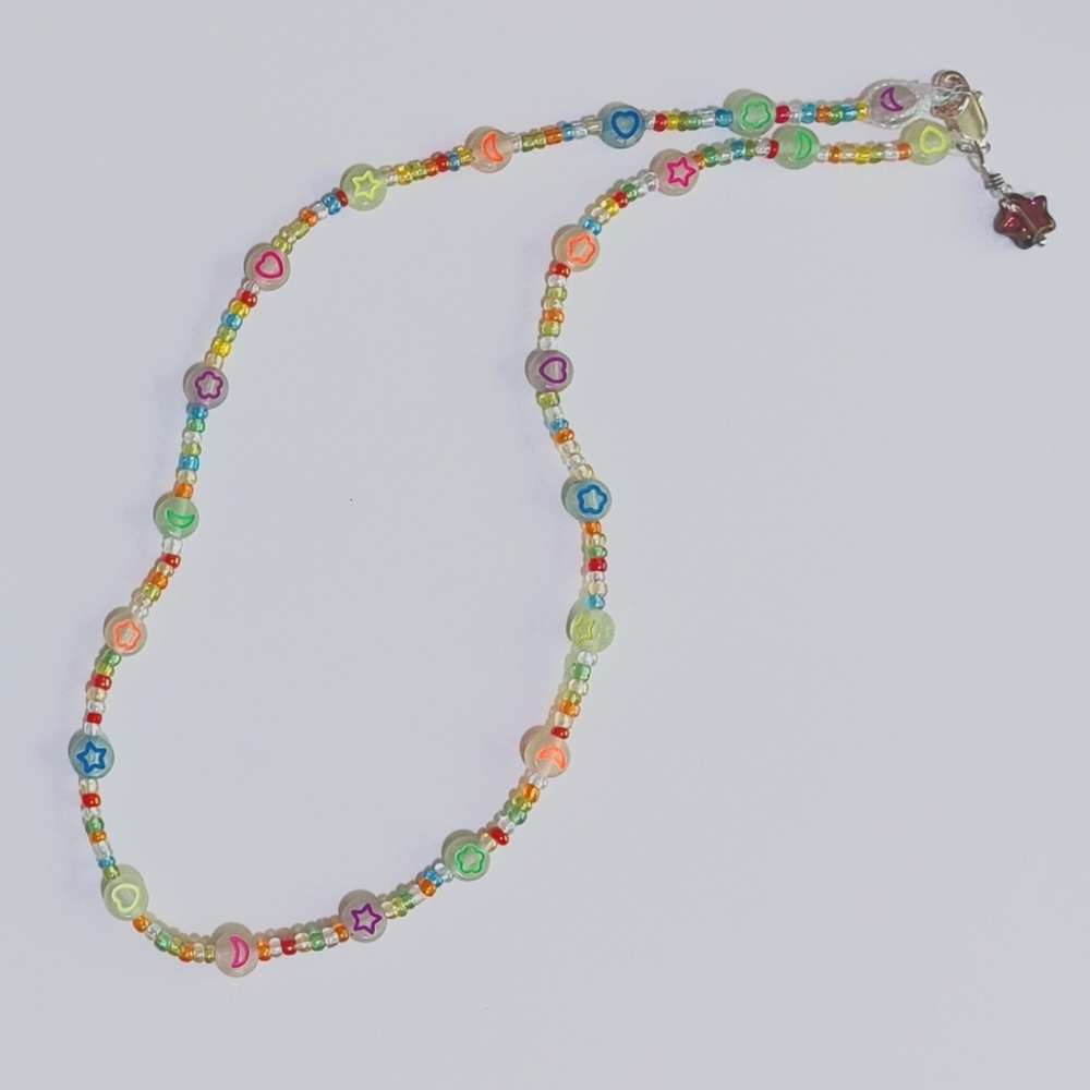 Lucky Charms Beaded Necklace Y2K Vintage Seed Beads Rainbow Boho Moon Star Heart